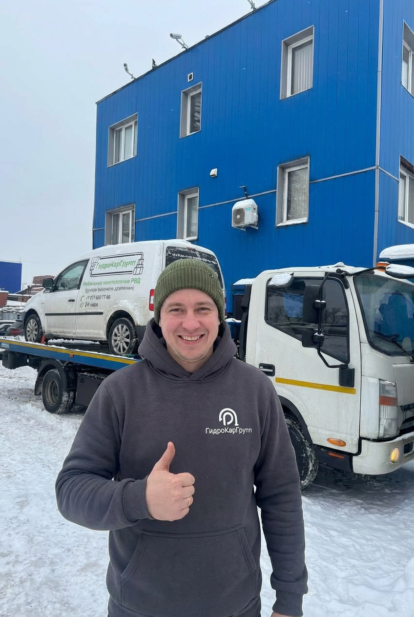 Водитель-эвакуаторщик Гидрокаргрупп на фоне эвакуатора JAC с загруженным автомобилем — команда службы эвакуации Москва и МО